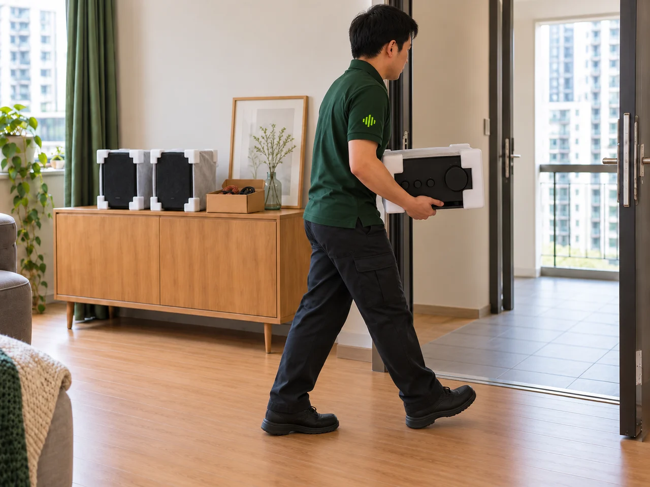 工作人員按確認安排收走已包妥的音響
